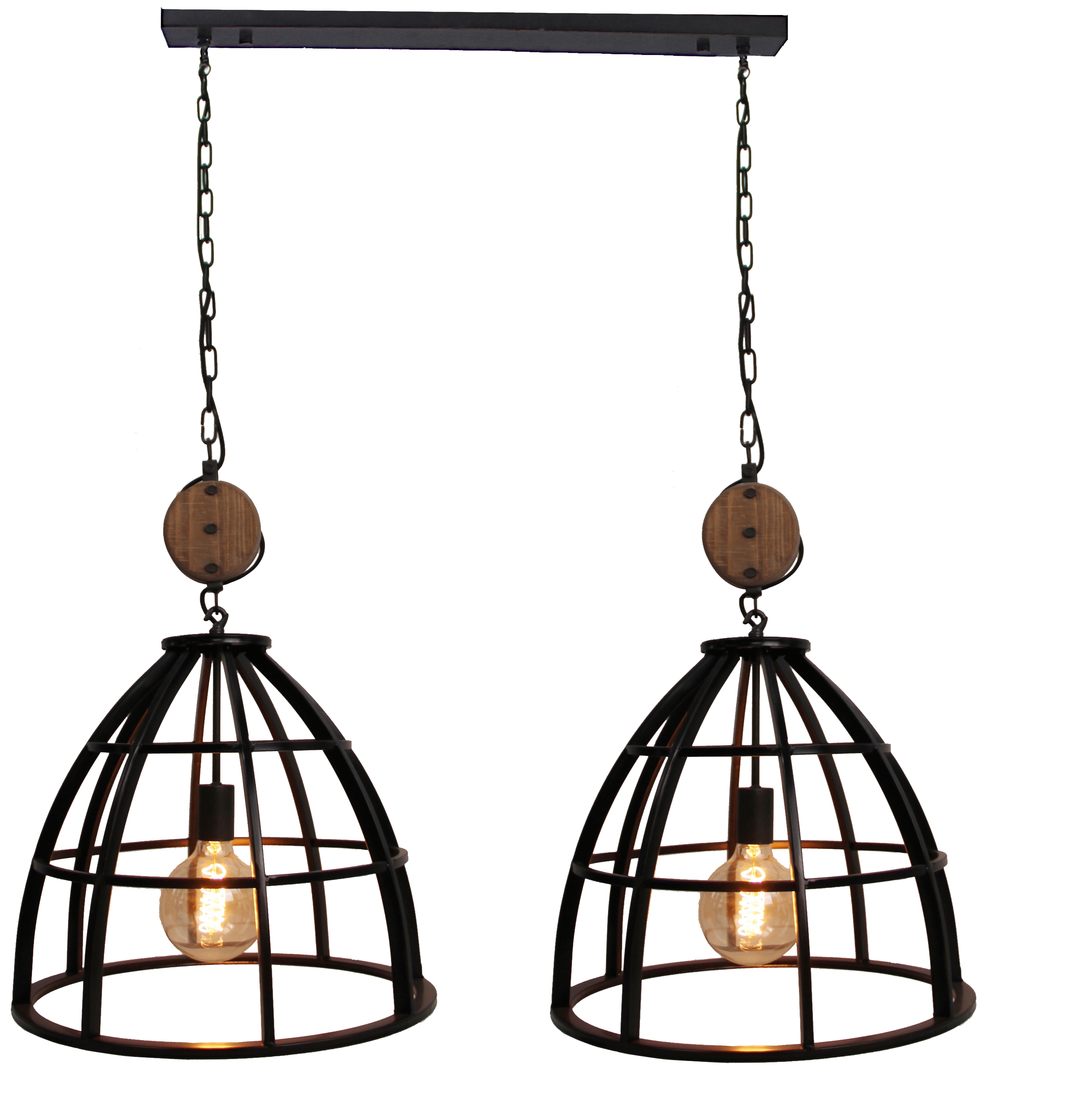 Aperto hanglamp - 2 lichts - 47 cm - zwart black steel met vintage wood
