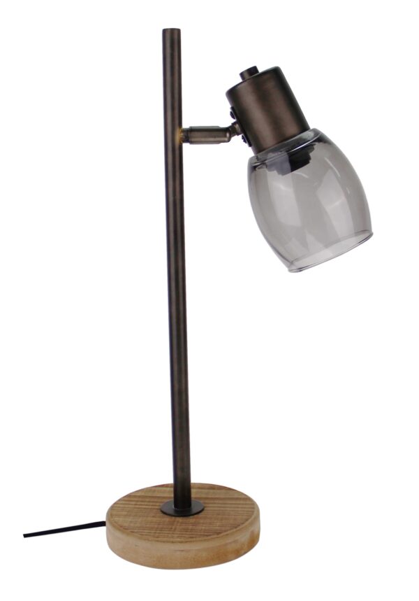 Sylvie tafellamp - 1 lichts - zwart black steel met vintage hout en smoke rookglas