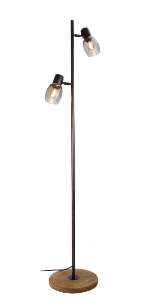 Sylvie staande lamp 2 lichts zwart black steel met vintage hout en