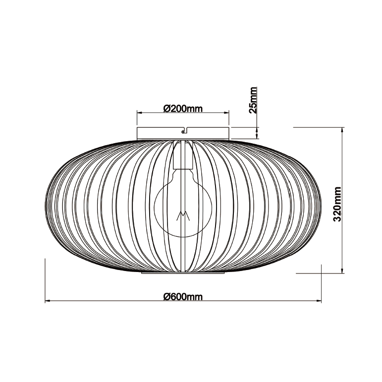 Size drawing Chericoni Curvato plafondlamp, Ø60 cm. Elegant ontwerp met één lichtbron, geschikt voor een luxe uitstraling.