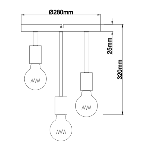 Size Drawing van de Basic plafondlamp met 3 lichtpunten en Ø30 cm, met nadruk op de details van het ontwerp.