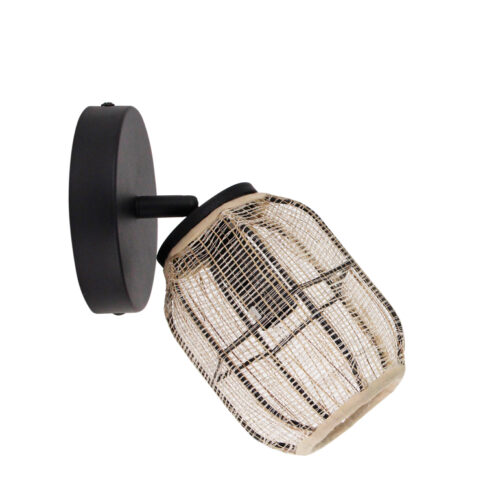 Plafondspot van bamboe hout en jute. Ø11 cm, 1-lichts met E14 fitting. Natuurlijke stijl voor elk Japandi interieur.