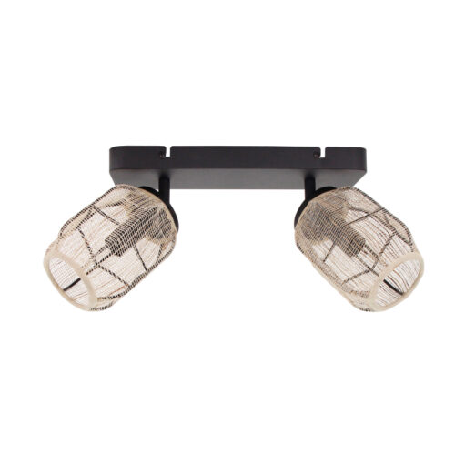Natuurlijke plafondspot met 2 lichtpunten in bamboe & jute. Ø11 cm, E14 fitting. Perfect voor Japandi interieurs.
