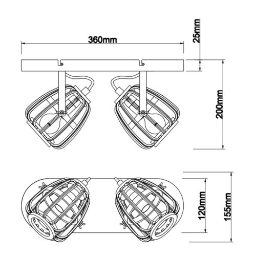 Chericoni Nature Trapeze plafondspot – 2-lichts met zwarte kappen en houten details