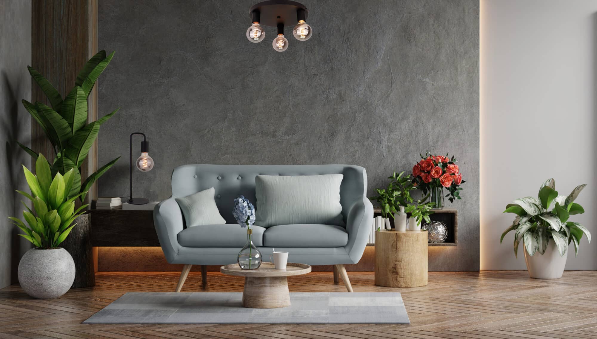 Basic plafondlamp met 3 lichtpunten en Ø28 cm, sfeervol gepresenteerd in een eigentijds interieur.