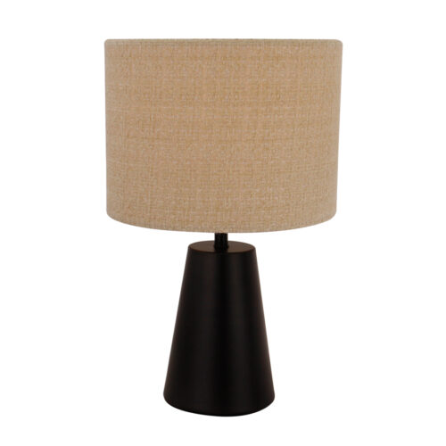Design tafellamp met E27-fitting en structuurkap – warm en elegant.