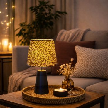 Various Leo tafellamp met fluwelen leopard kap en zwart metalen voetje. Compact, stijlvol en geschikt voor E27 lichtbron.