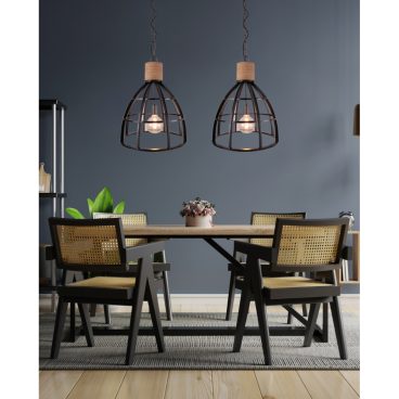 Chericoni Aperto – zwarte hanglamp met hout – Ø47,5 cm – 2 lichts