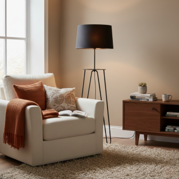 Moderne zwarte vloerlamp met kap. Perfect vloerlamp voor in de leeshoek.