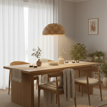 Japandi hanglamp voor een gezellige eethoek in huis.