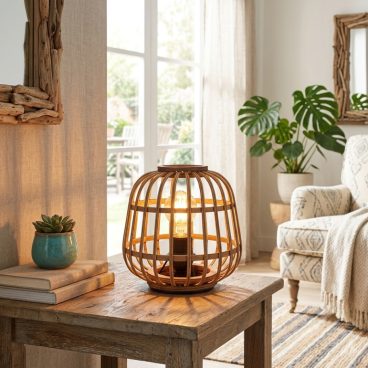 De bruine bamboe tafellamp van de Nature Trapeze serie brengt een warme, landelijke sfeer in je interieur.