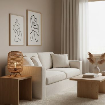 Japandi interieur met bamboe tafellamp op houten bijzettafel.