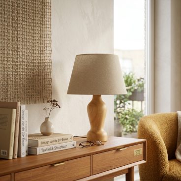 Tafellamp Mona op een houten dressoir in een modern Scandinavisch interieur met boeken en een klein vaasje.