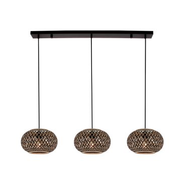 Various Weaving 3-lichts hanglamp met drie bamboe kapjes Ø28 cm in natuur en zwart, afgebeeld tegen een neutrale achtergrond.