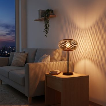 Bamboe tafellamp op een dressoir die een decoratief schaduwpatroon geeft op de muur.