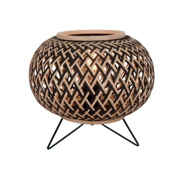Ronde tafellamp van gevlochten bamboe in naturel en zwart, diameter 28 cm.