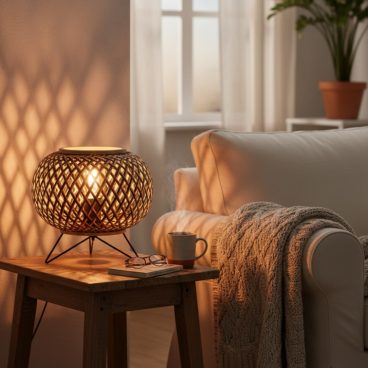 Bamboe tafellamp op een dressoir die een decoratief schaduwpatroon geeft op de muur.