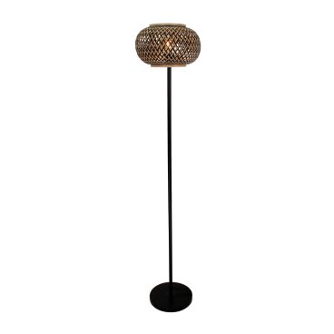 Hoge vloerlamp van gevlochten bamboe in naturel en zwart, hoogte 140 cm.