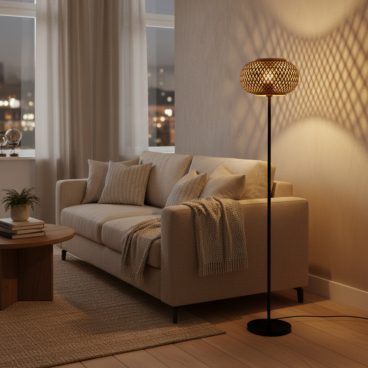 Bamboe vloerlamp in een woonkamerhoek die zorgt voor een sfeervol schaduwspel.