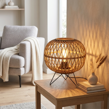 Een prachtige bruin bamboe tafellamp die landelijke charme toevoegt aan jouw interieur. Perfect voor een warme sfeer.