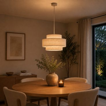 De Trilo hanglamp in beige brengt een warme, Japandi sfeer in uw interieur.