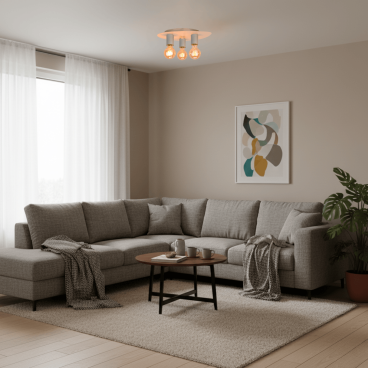 Een speelse rode plafondlamp die de kamer een levendige uitstraling geeft. Perfect voor een creatieve en warme sfeer.