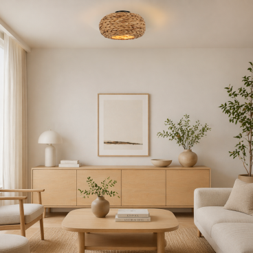 De warme bruine plafondlamp Nature Treccia voegt een natuurlijke flair toe aan je interieur. Perfect voor sfeervolle avonden.