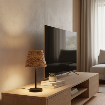 De bruine tafellamp Nature Treccia voegt een warme, landelijke uitstraling toe aan je interieur.